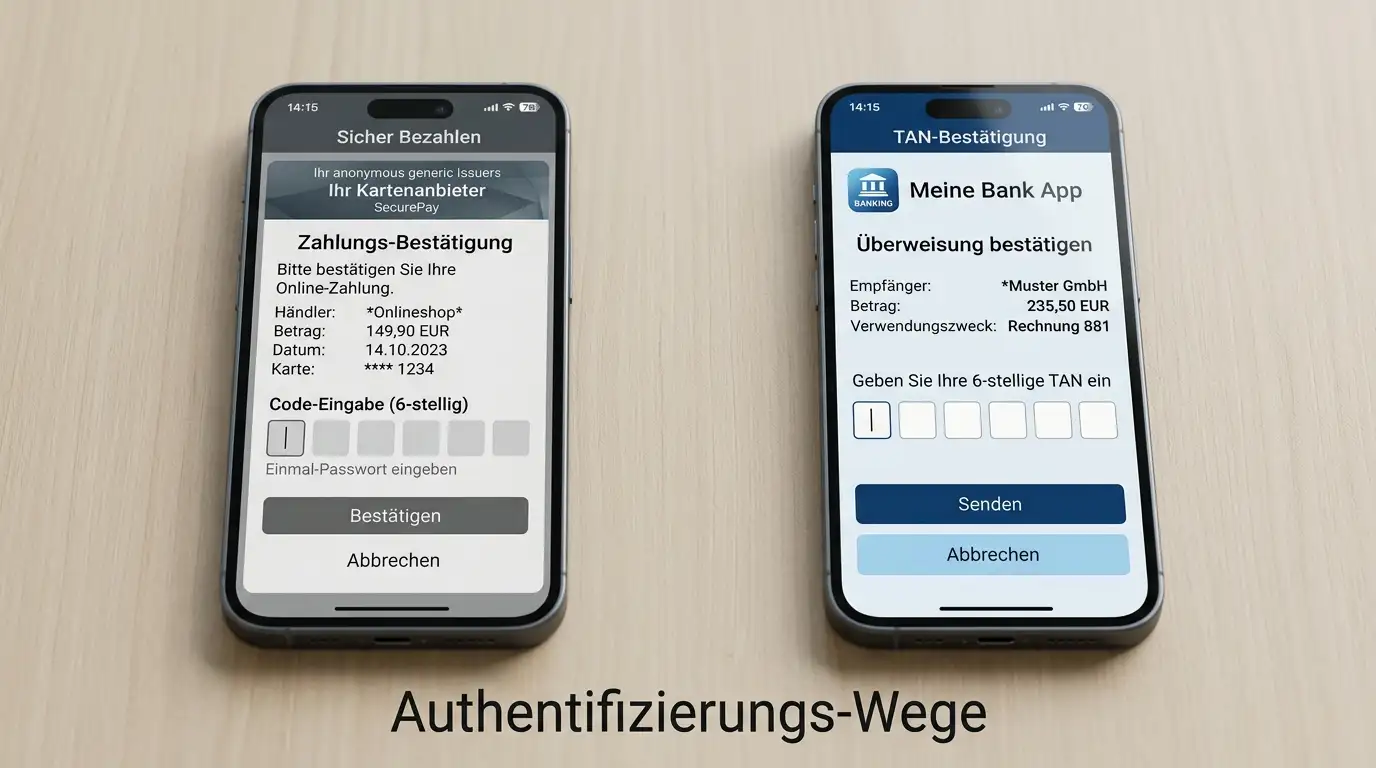 Gegenüberstellung einer 3D-Secure-Authentifizierung und einer TAN-Bestätigung in einer Banking-App