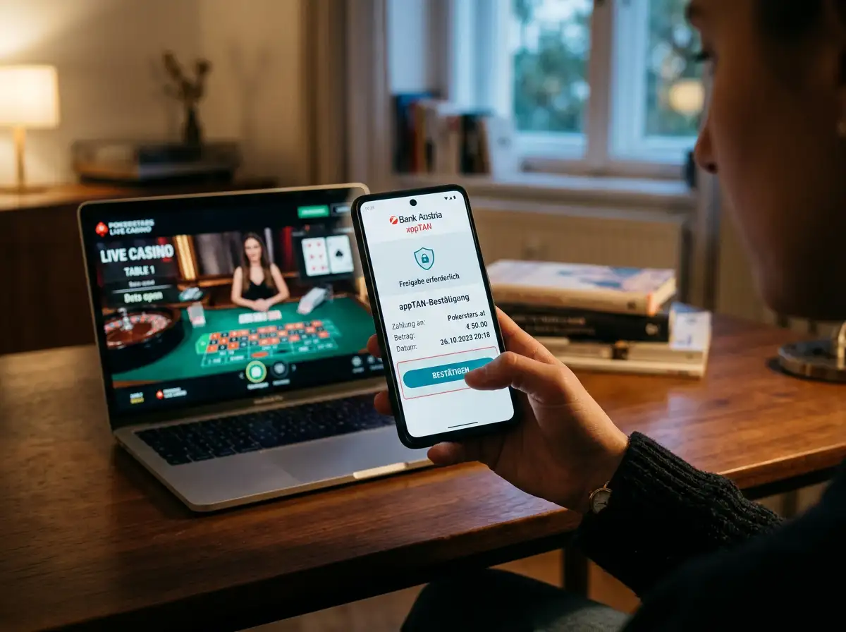 Smartphone mit appTAN-Bestätigungsfenster und Laptop mit aufgerufenem Live-Tisch im Hintergrund