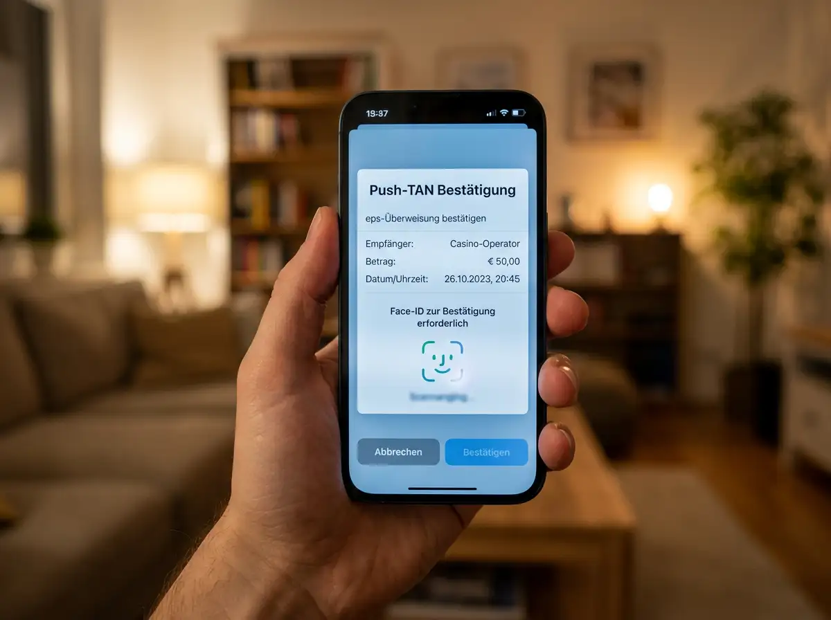 Banking-App mit Push-TAN-Bestätigung einer eps-Überweisung über Face-ID-Freigabe auf einem modernen Smartphone