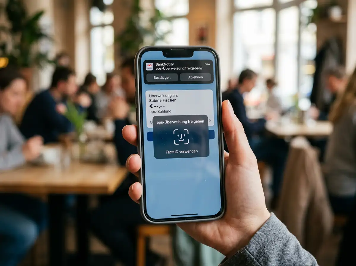 Banking-App mit Push-Benachrichtigung und biometrischer Freigabe per Face ID für eine eps-Casino-Einzahlung