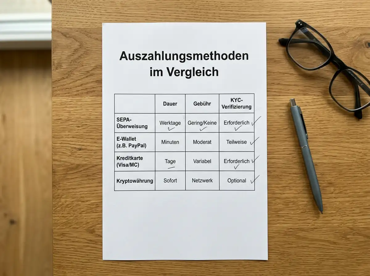 Ausgedruckte Vergleichstabelle der Casino-Auszahlungsmethoden mit Bearbeitungsdauer und Gebühren auf einem Holzschreibtisch neben einer Lesebrille