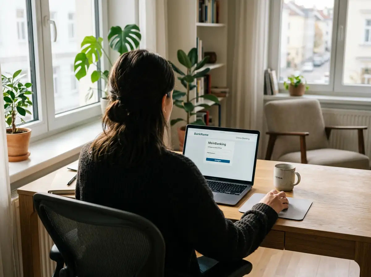 Person an einem Laptop mit geöffneter Online-Banking-Oberfläche einer österreichischen Hausbank