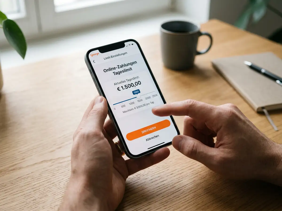 Smartphone mit Banking-App und geöffneter Konfiguration des Tageslimits für eps-Zahlungen
