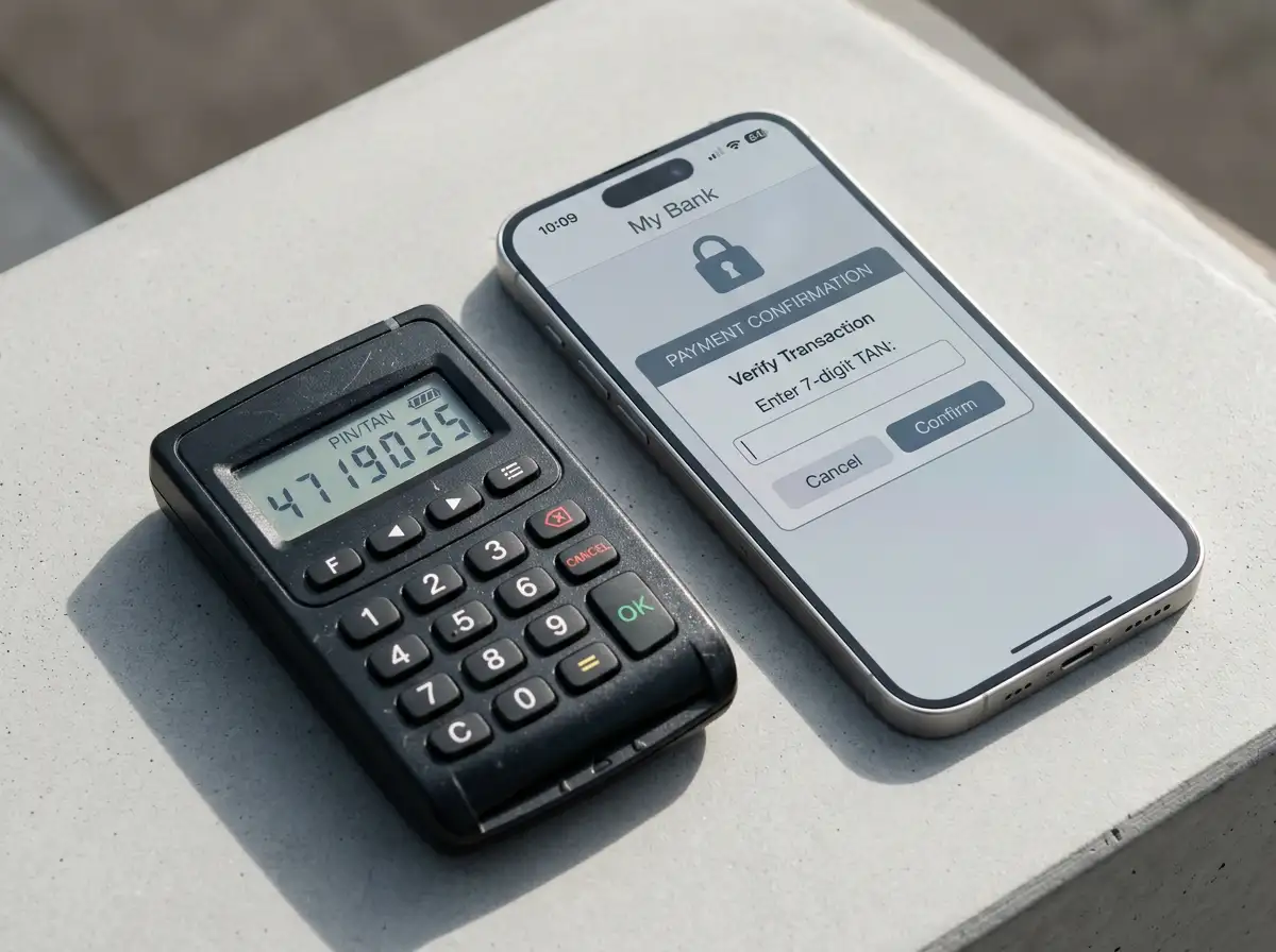 BAWAG cardTAN-Generator neben Smartphone mit eBanking-App während der Bestätigung einer eps-Transaktion