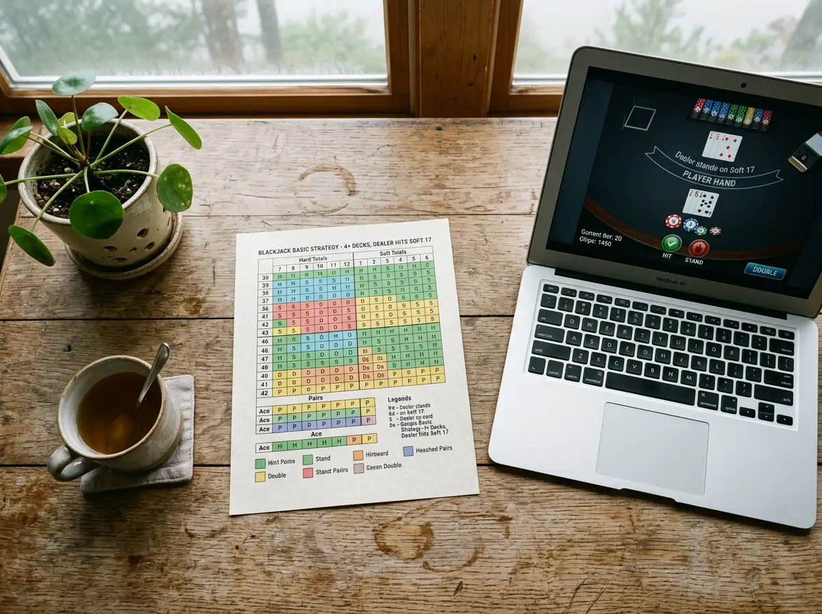 Ausgedruckte Blackjack-Basisstrategie-Tabelle auf einem Schreibtisch neben einem Laptop mit Demo-Tisch