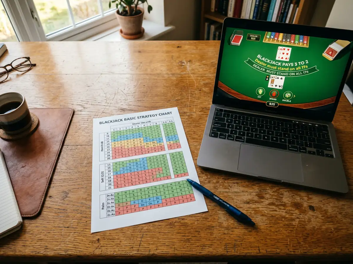 Blackjack-Strategietabelle und Stift auf einem Schreibtisch neben einem Laptop mit aktivem Demo-Modus