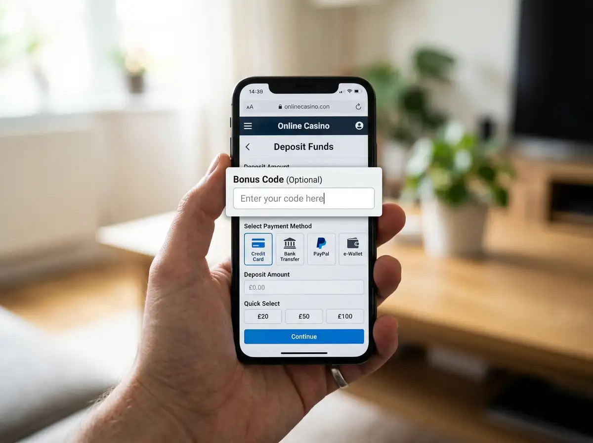 Smartphone mit aufgerufenem Einzahlungsformular und gut sichtbarem Bonus-Code-Eingabefeld vor der eps-Weiterleitung