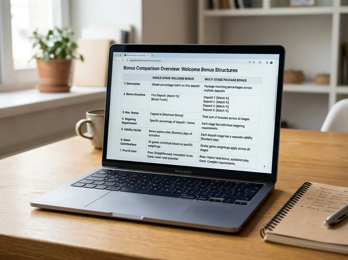 Laptop-Bildschirm mit einer Übersichtstabelle zum Vergleich prozentualer Welcome-Boni und mehrstufiger Pakete