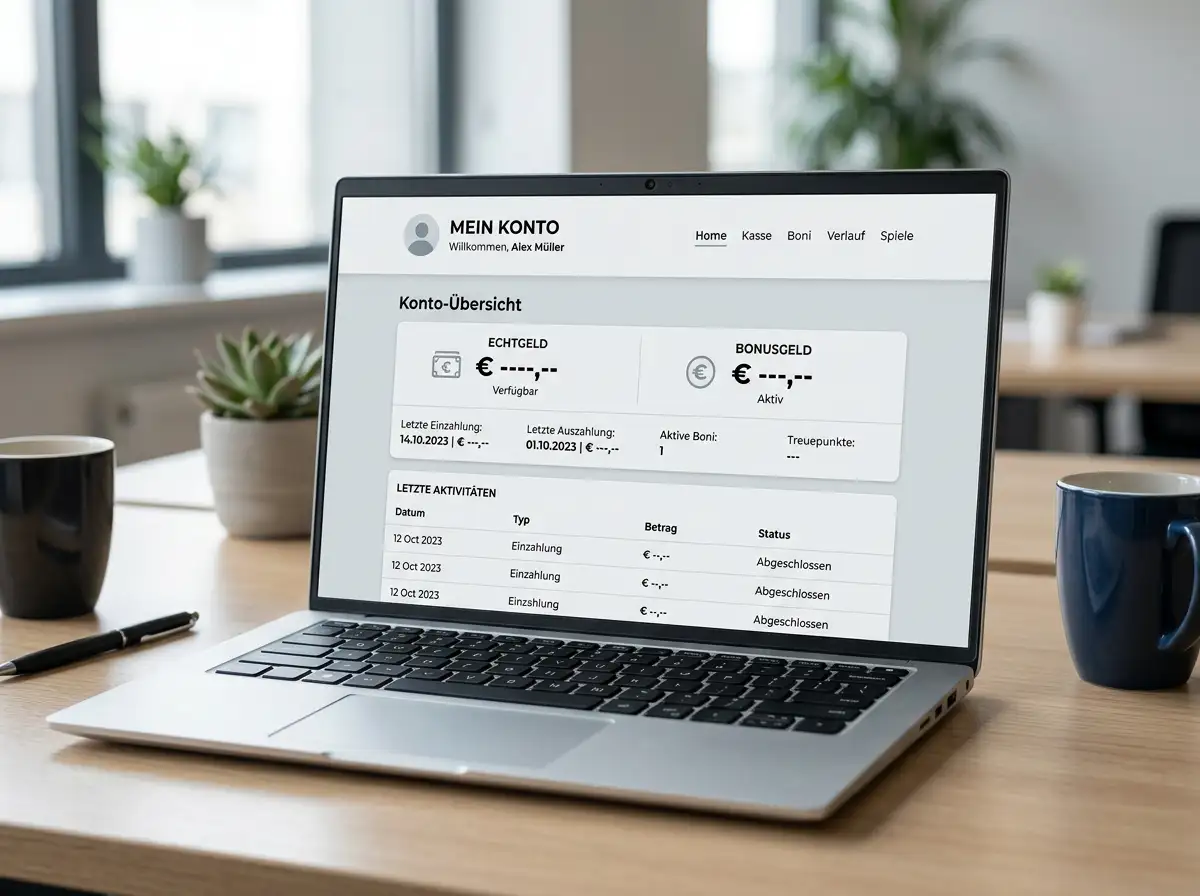 Spielkonto-Übersichtsbildschirm mit getrenntem Echtgeld- und Bonus-Saldo auf einem Laptop