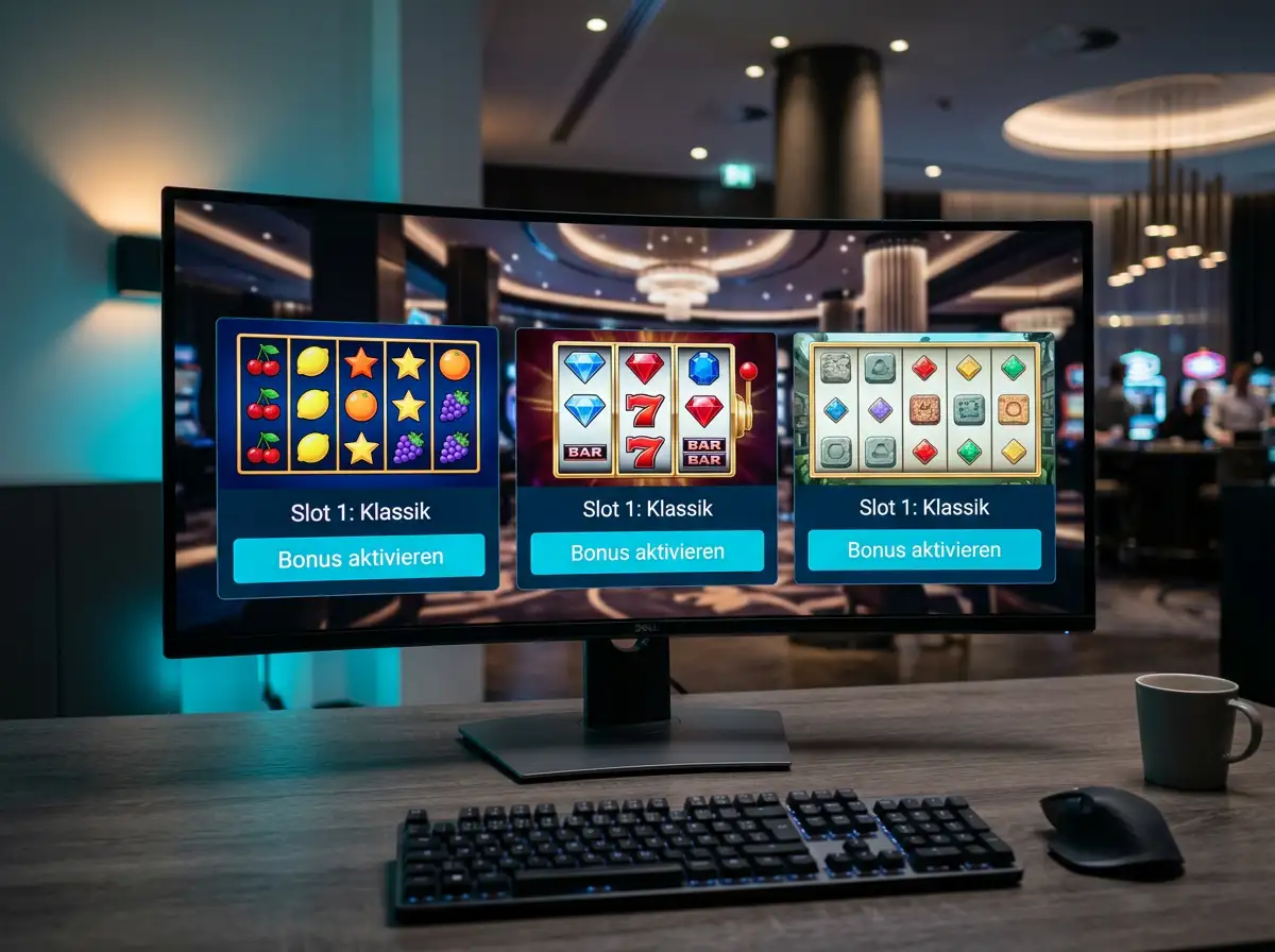 Übersicht von Slot-Spiel-Oberflächen mit Walzen und hervorgehobenem Bonus-Aktivierungsfeld als Visualisierung der typischen Bonuskategorien im Online-Casino