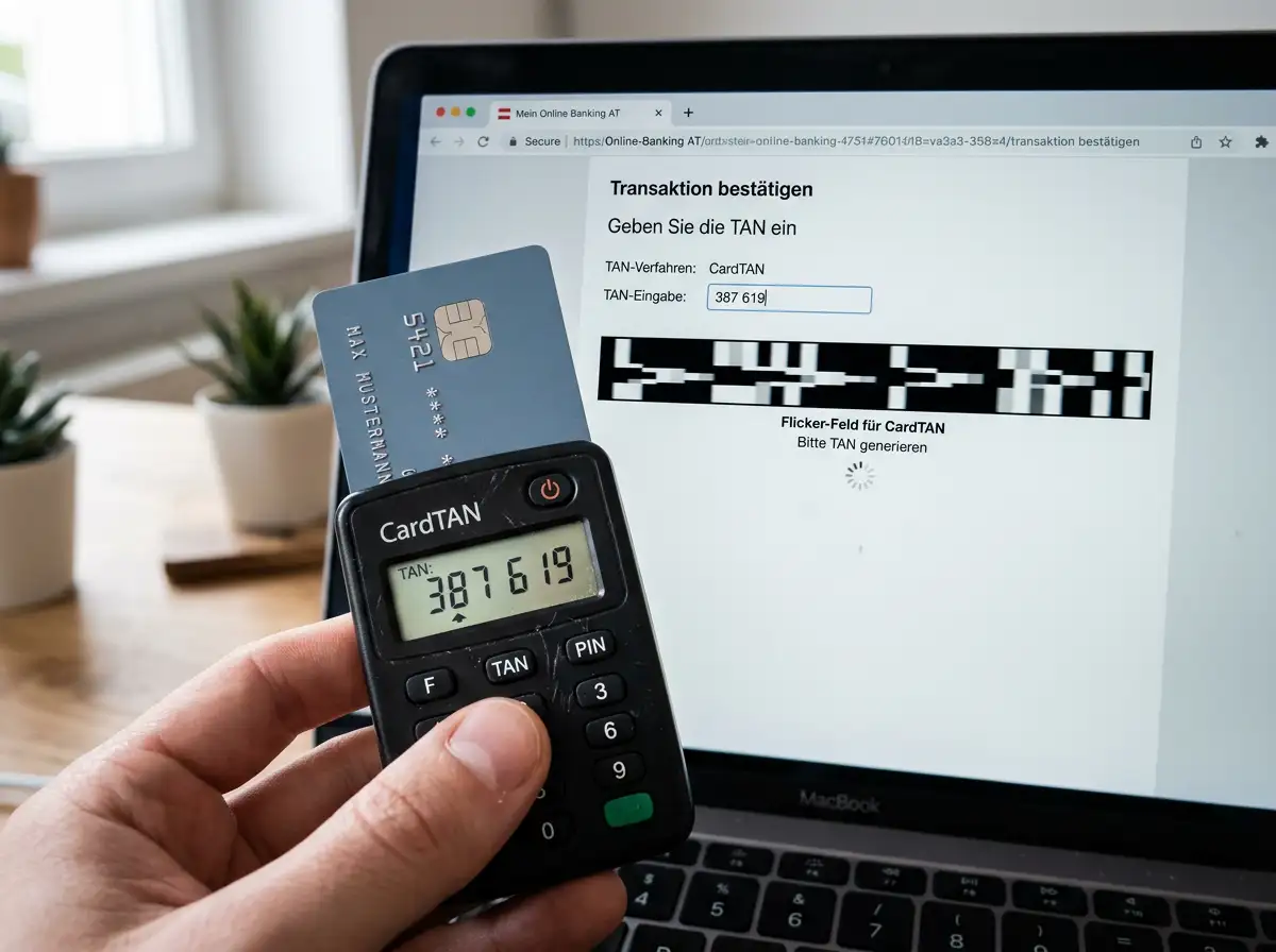 cardTAN-Generator mit eingesteckter Bankomatkarte vor einem Banking-Webbrowser mit Flickergrafik zur Datenübertragung
