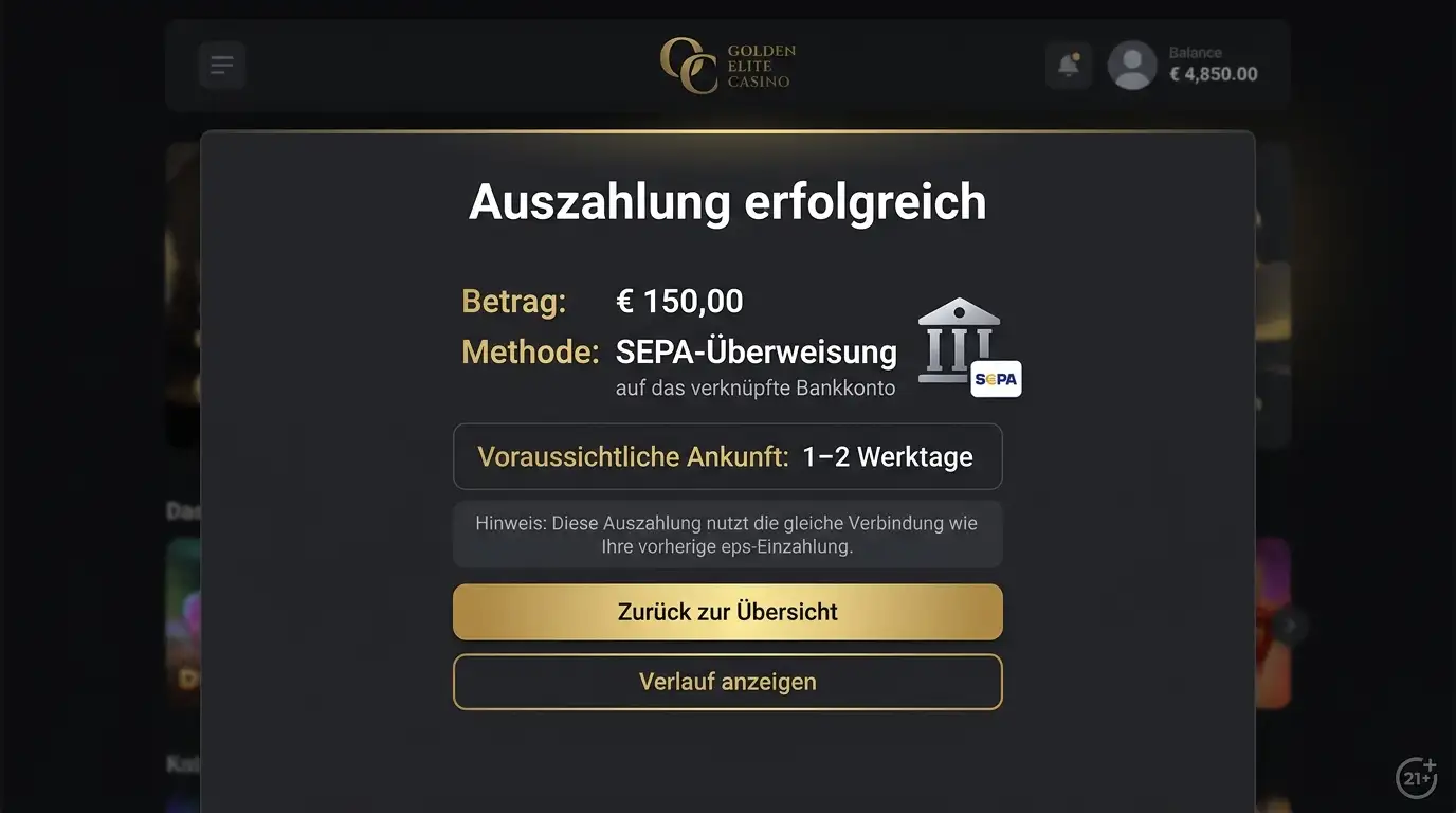 Casino-Auszahlungs-Bestätigung per SEPA auf das gleiche Konto, von dem die eps-Einzahlung kam