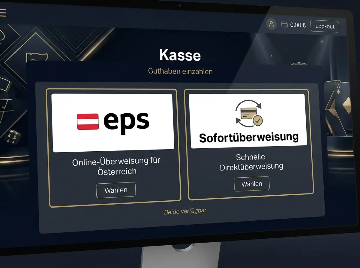 Casino-Kassenmaske, in der eps und Sofortüberweisung als getrennte Zahlungsoptionen nebeneinander stehen