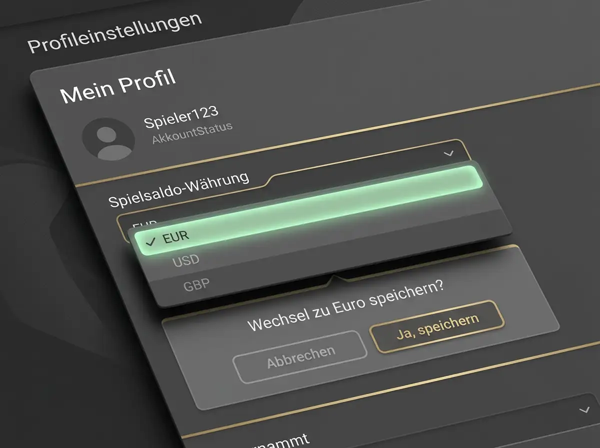 Casino-Profil-Einstellung zur Wahl der Spielsaldo-Währung mit hervorgehobener Euro-Option