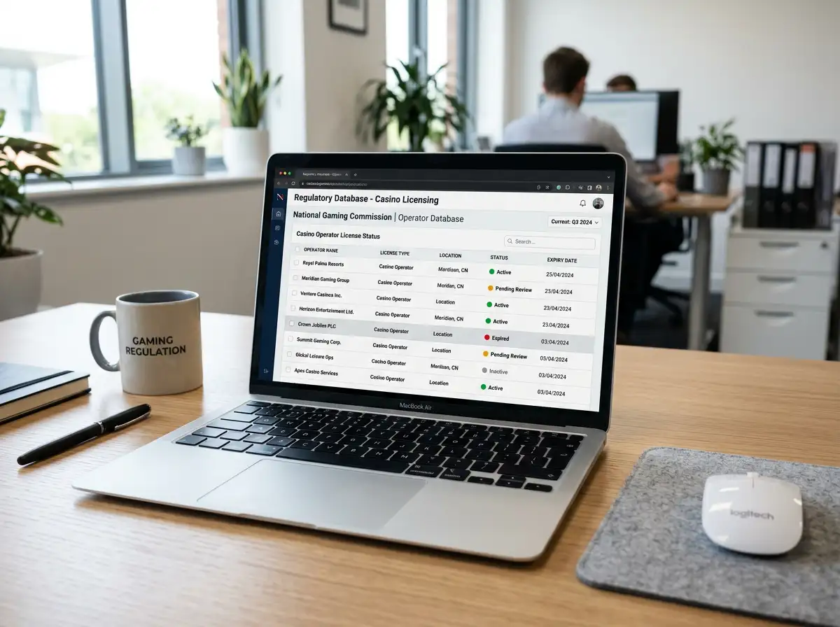 Laptop-Bildschirm mit einer Anbieterliste und Lizenzstatus-Kennzeichnung in einer Aufsichts-Datenbank