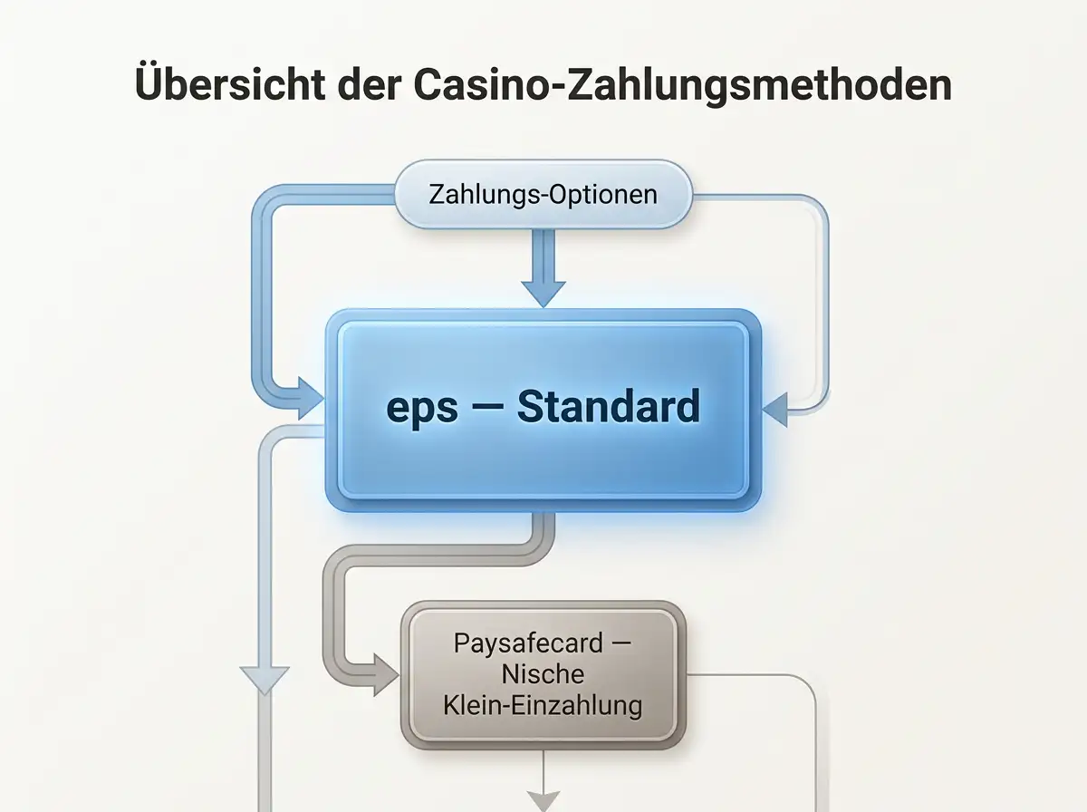 Strukturierte Methodenwahl-Übersicht eines Casino-Spielers mit eps als Standard und Paysafecard als Nischenoption