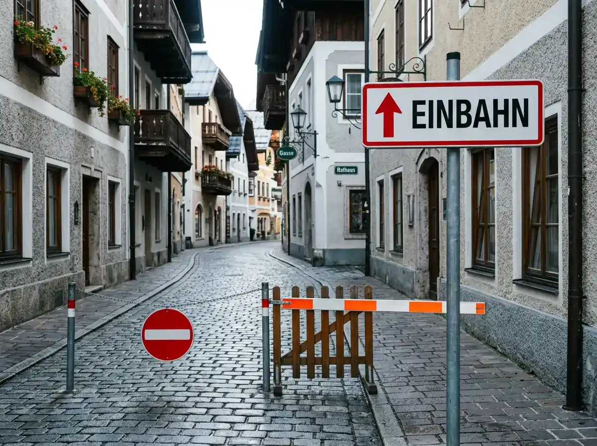 Symbolische Einbahnstraßen-Darstellung in städtischer Umgebung als Visualisierung der unidirektionalen Push-Payment-Architektur von eps ohne Rückrichtung