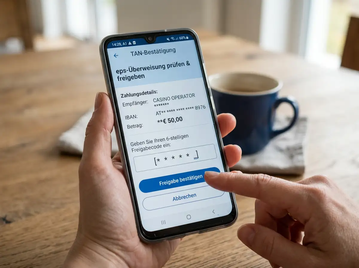 Banking-App auf einem Smartphone zeigt die TAN-Bestätigungsmaske einer laufenden eps-Überweisung im Echtzeit-Flow