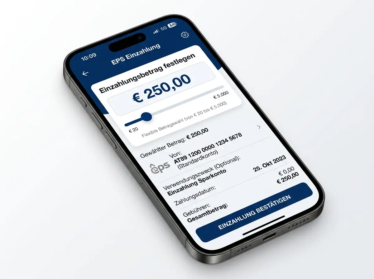 Banking-App-Einzahlungsmaske mit der breiten Betragsspanne einer eps-Transaktion zwischen zwanzig und fünftausend Euro