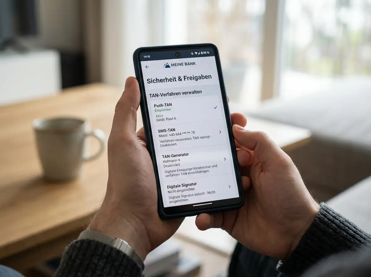 Smartphone mit aktualisierter Banking-App-Konfiguration und sichtbaren TAN-Einstellungen für eps-Zahlungen