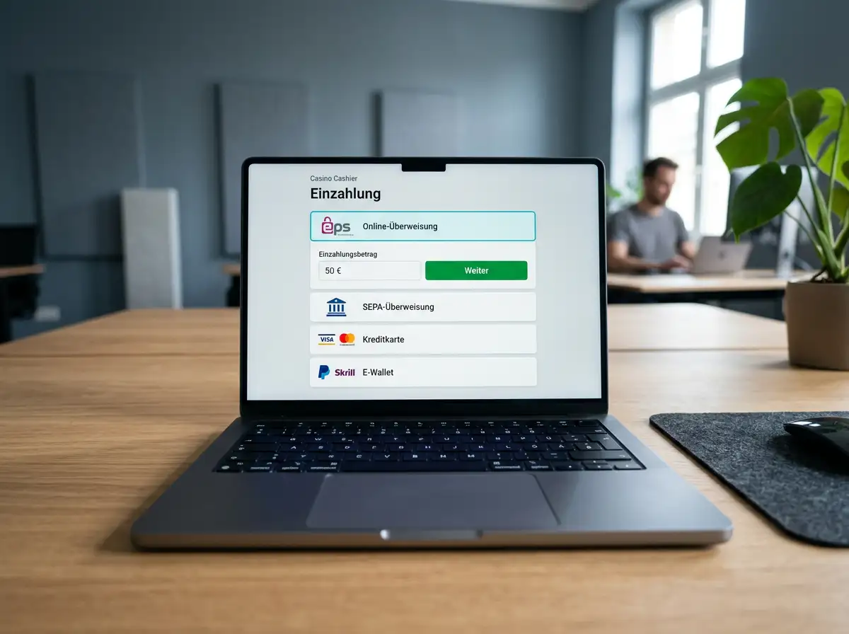 Casino-Kassenbereich mit Auswahlliste der Zahlungsmethoden inklusive eps Online-Überweisung an oberster Position für österreichische Spieler