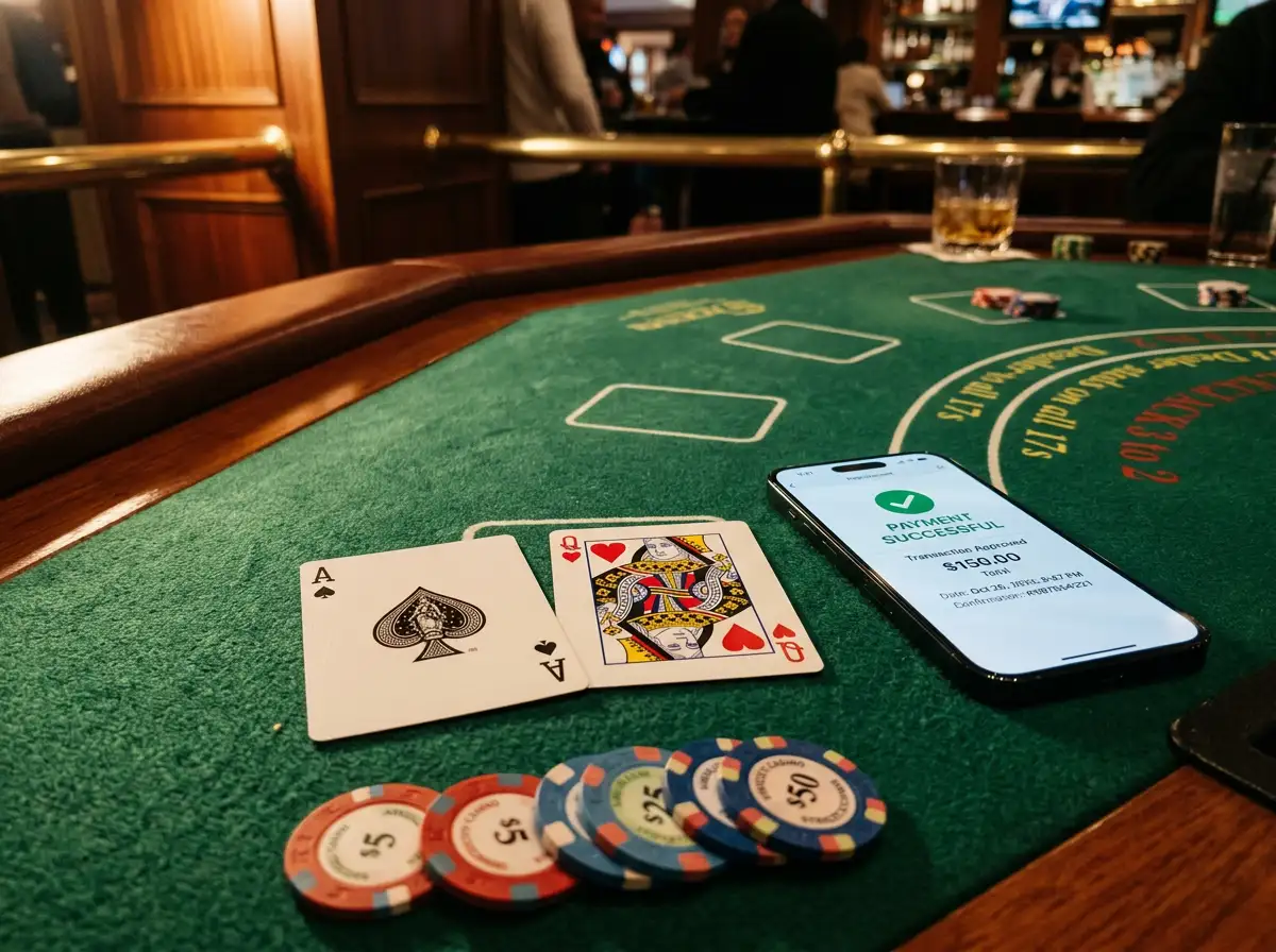 Aufgedeckte Blackjack-Hand auf einem Filztisch neben einem Smartphone mit eps-Einzahlungsbestätigung
