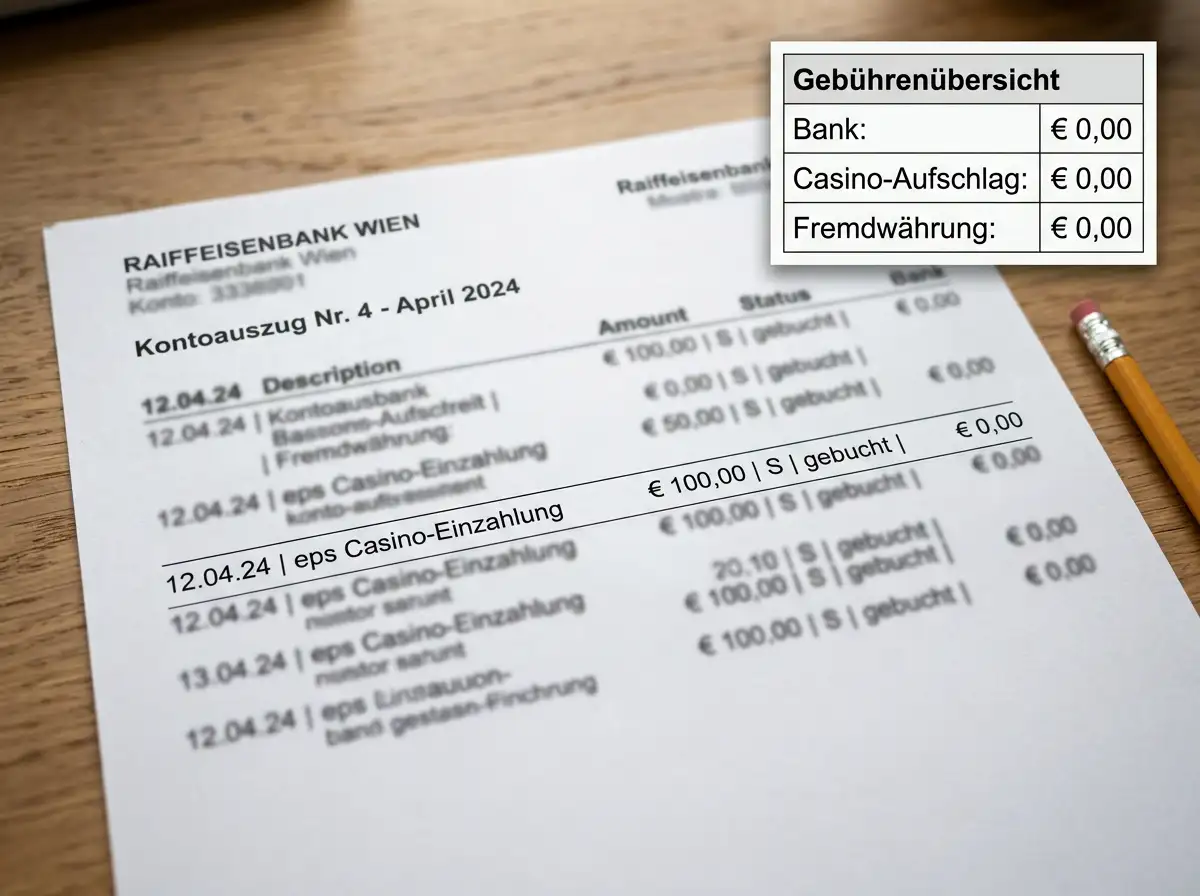 Kontoauszug mit eps-Buchung und Gebührentabelle für Casino-Einzahlungen aus einem österreichischen Bankkonto