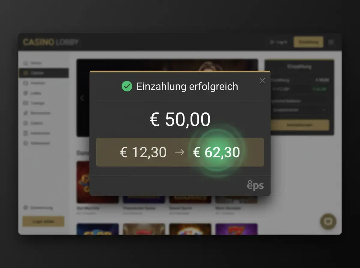 Casino-Kassen-Oberfläche mit eps-Bestätigung und sichtbarem Saldo-Update nach erfolgreicher Echtzeit-Einzahlung