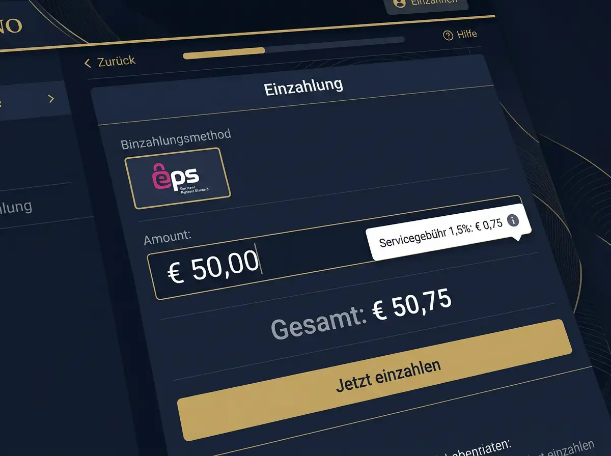 Casino-Kassen-Maske mit eingeblendetem Service-Fee-Hinweis bei einer eps-Einzahlung