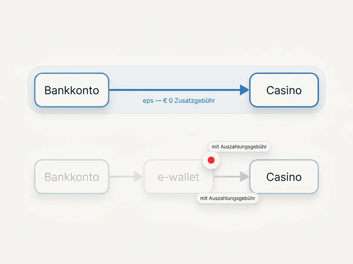 eps-Direktzahlung vom Bankkonto an das Casino ohne zusätzliche Gebührenstation in einer schlichten Übersicht