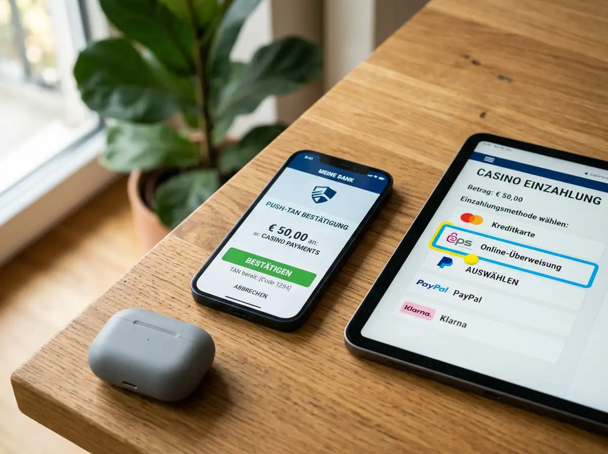 Optimiertes Spieler-Setup mit Push-TAN-App, geöffneter Banking-App und kurzer eps-Einzahlungs-Routine