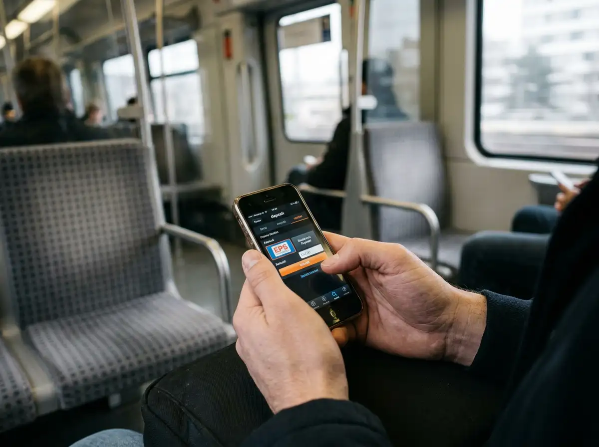 Person tippt im öffentlichen Verkehr auf einem Smartphone eine eps-Einzahlung in einer Casino-Mobile-Site