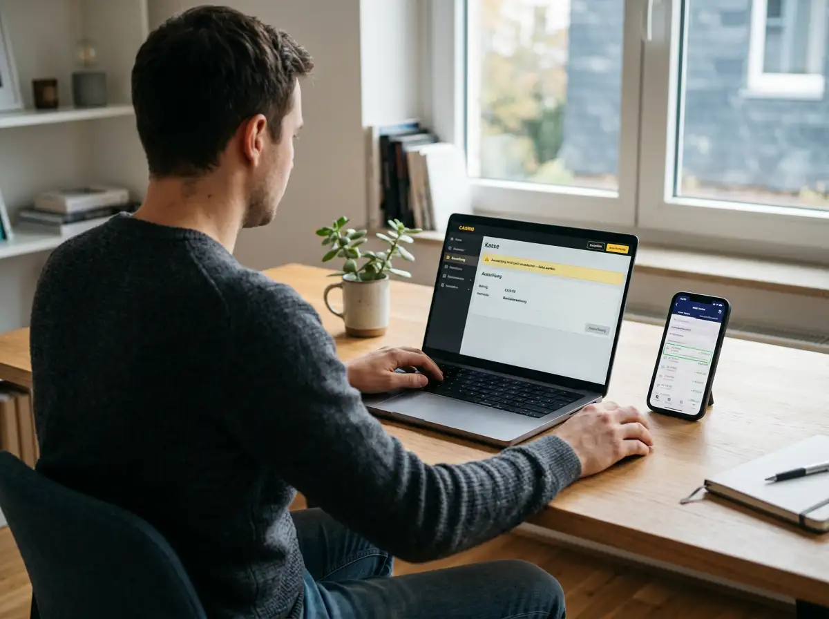 Spieler analysiert konzentriert am Laptop einen Fehler im eps-Einzahlungsablauf und prüft parallel den Buchungsstatus in der Banking-App