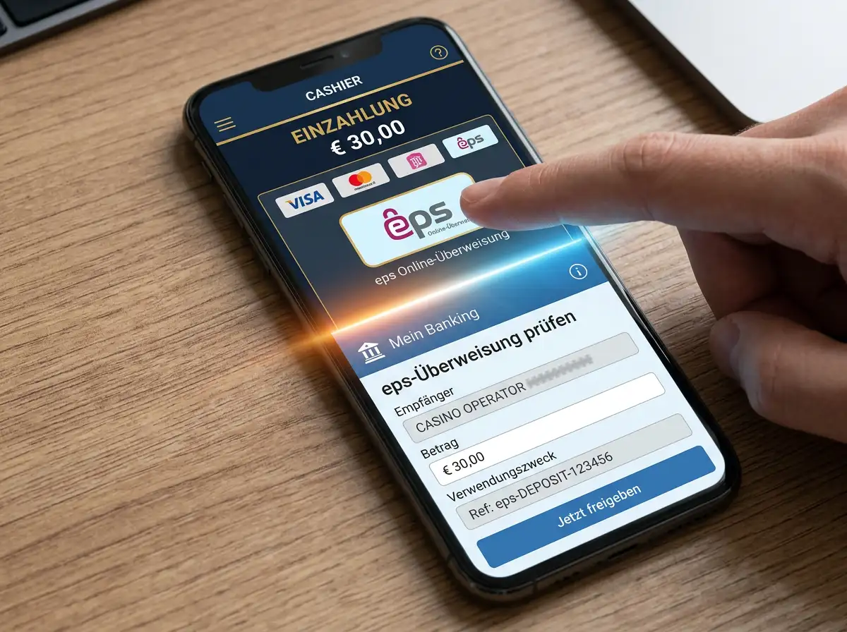 Smartphone-Bildschirm zeigt den Übergang vom Casino-Kassenfeld zur Banking-App mit vorausgefüllter eps-Überweisung