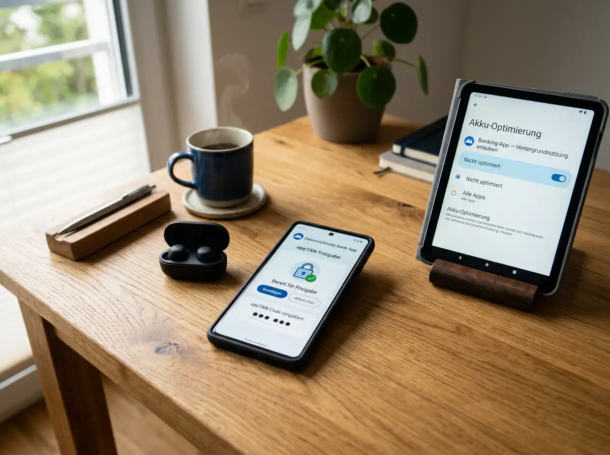Optimierter mobiler eps-Workflow eines geübten Spielers mit appTAN, Energiesparausnahme und aktualisierter Banking-App