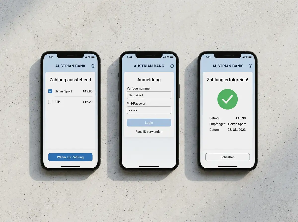 Schritt-für-Schritt-Darstellung des eps-Zahlungsablaufs in der George-App von der Casino-Kasse bis zur TAN-Bestätigung