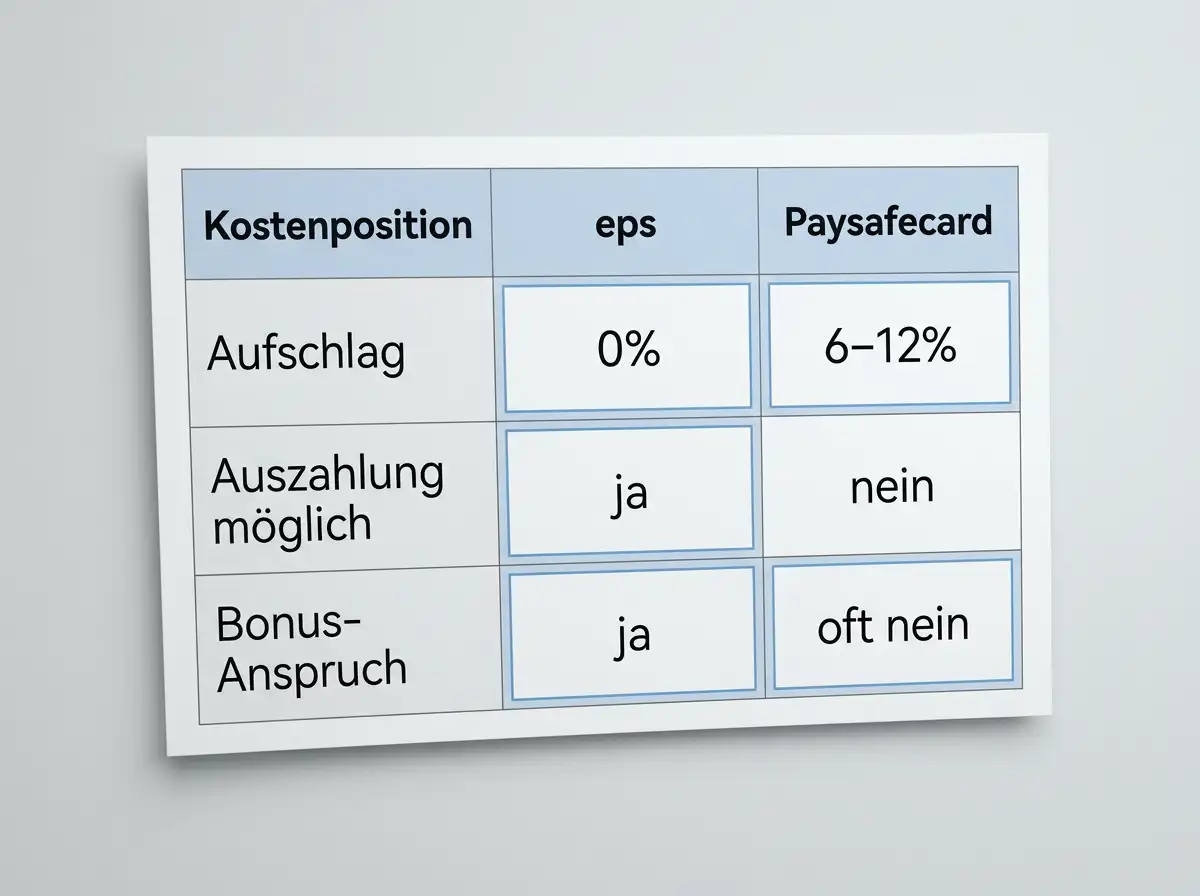 Tabellarischer Direktvergleich der Gebührenpositionen von eps gegen Paysafecard bei einer Casino-Einzahlung