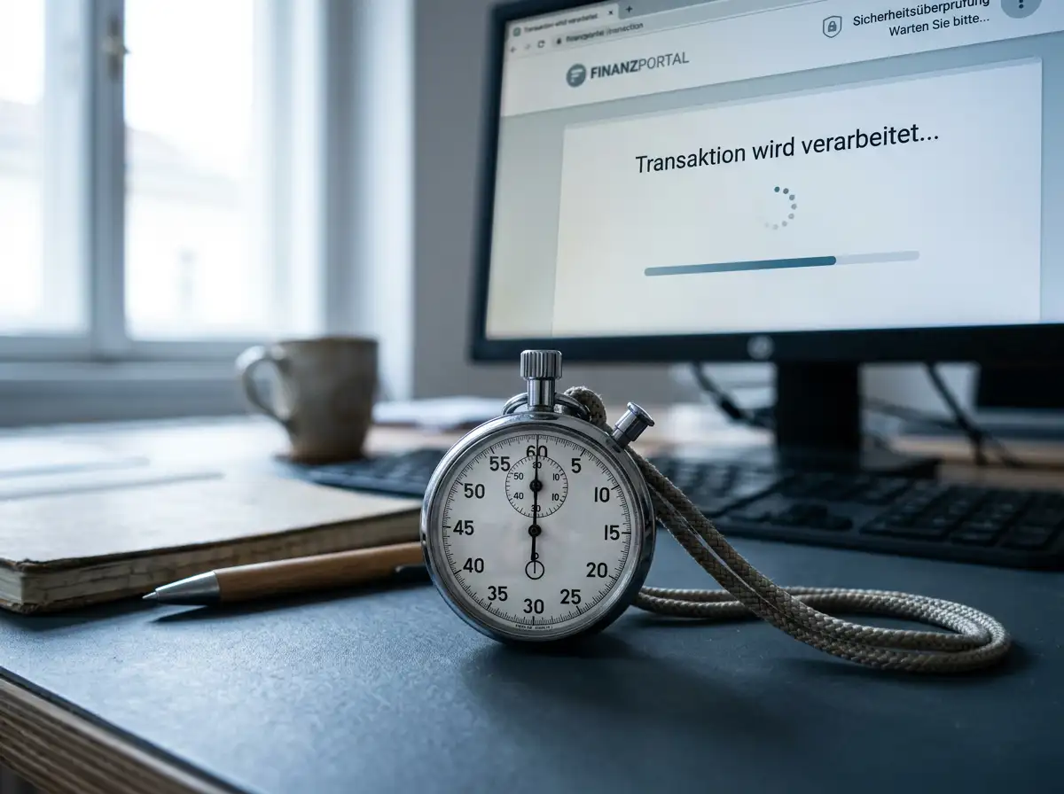 Stoppuhr neben einem Online-Banking-Bildschirm als Visualisierung der typischen Verarbeitungsdauer einer eps-Casino-Einzahlung von wenigen Sekunden bis Minuten