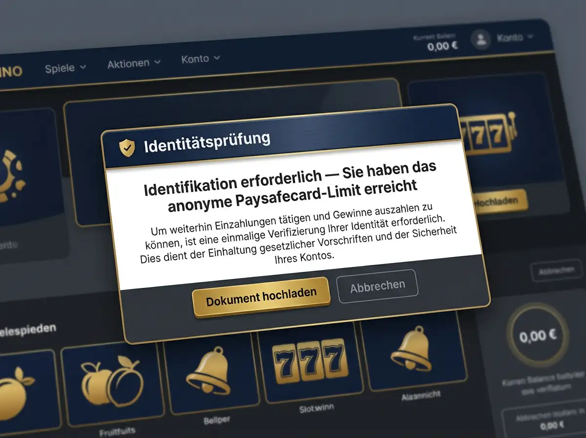EU-Casino-KYC-Hinweisfenster bei Erreichen des Paysafecard-Identifikationslimits in einem Anmeldevorgang