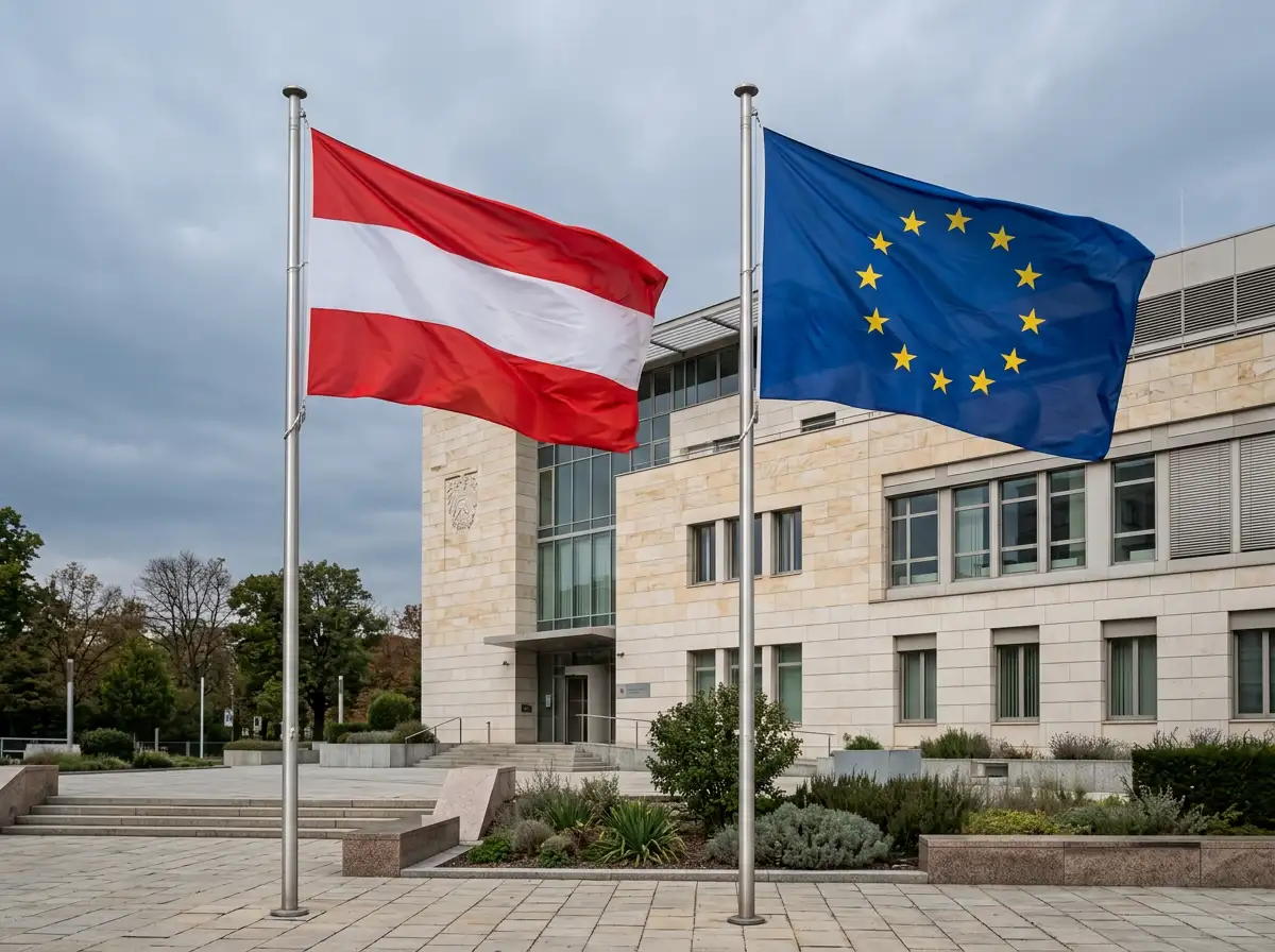 Europäische und österreichische Fahne nebeneinander an einem öffentlichen Gebäude als Symbol für die Unterscheidung zwischen EU-Lizenz und österreichischer Konzession