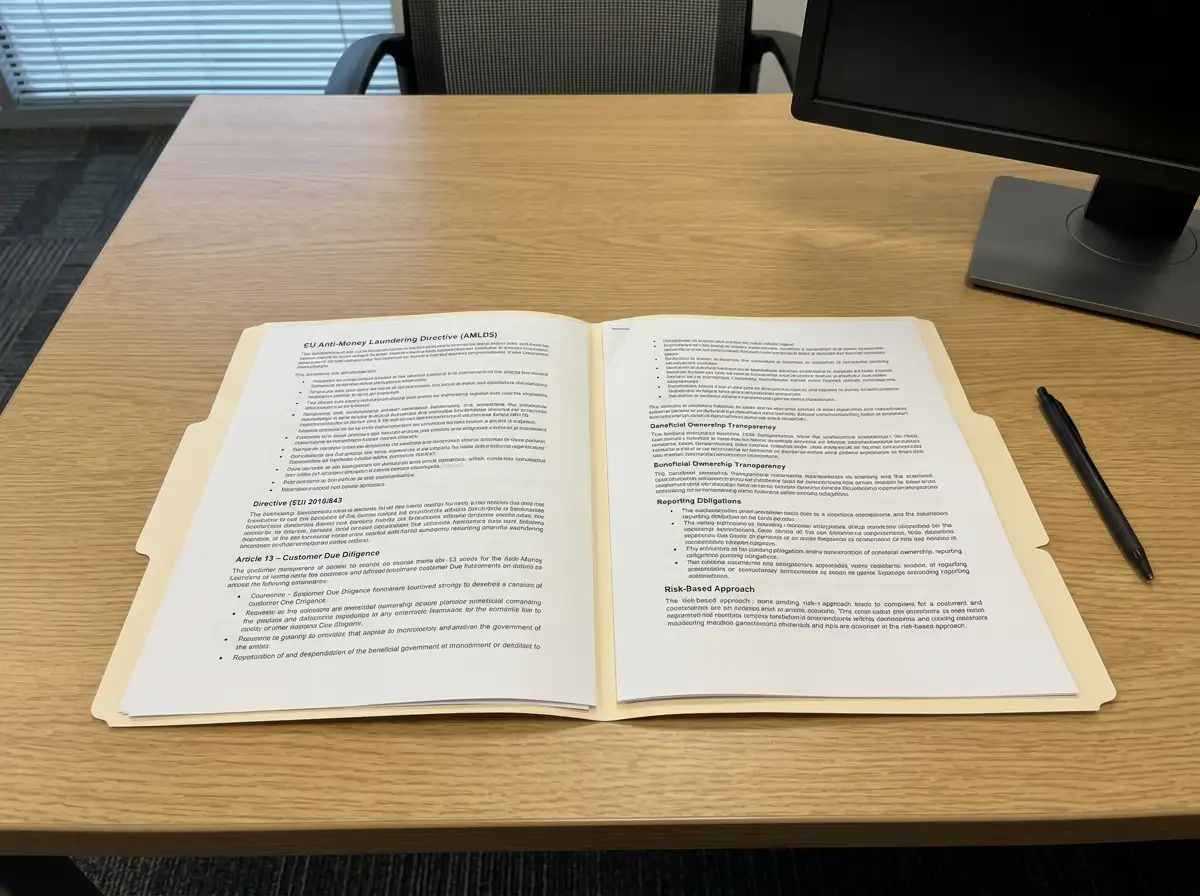 Aufgeklappter Aktenordner mit gedruckten EU-Geldwäscherichtlinien neben einem Computermonitor