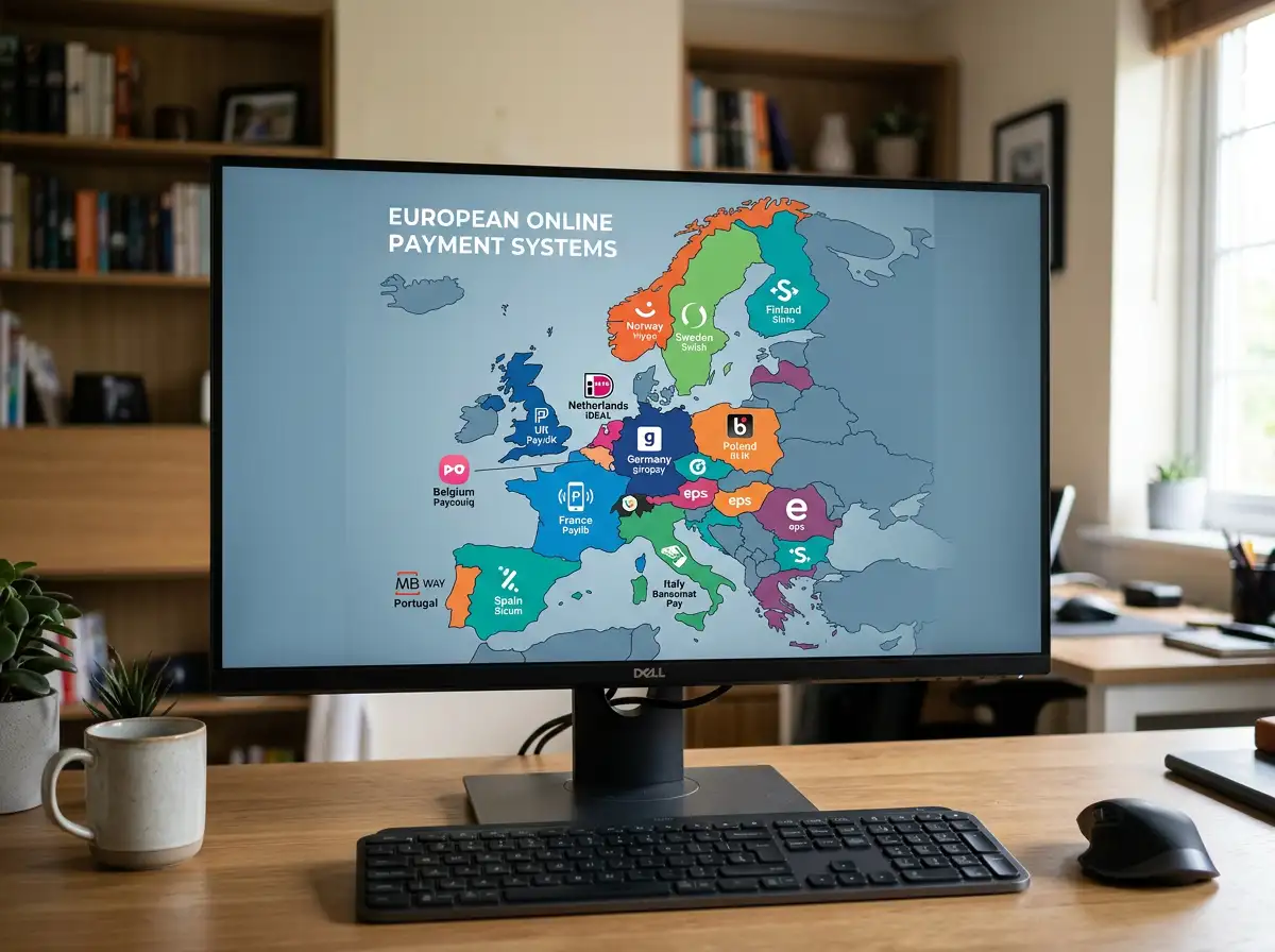 Europakarte auf einem Bildschirm mit Symbolen für verschiedene EU-Zahlungssysteme und Markierungen pro Land