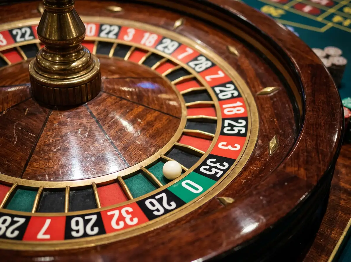 Europäisches Roulette-Rad in Nahaufnahme mit deutlich sichtbarer einzelner grüner Null