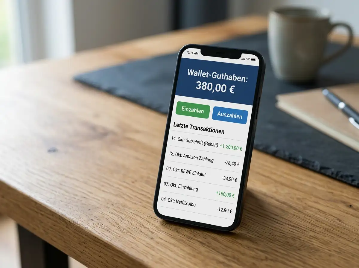Smartphone mit geöffneter E-Wallet-Anwendung und sichtbarem Kontostand als Zwischenstation für Casino-Auszahlungen vor dem Transfer auf das Bankkonto