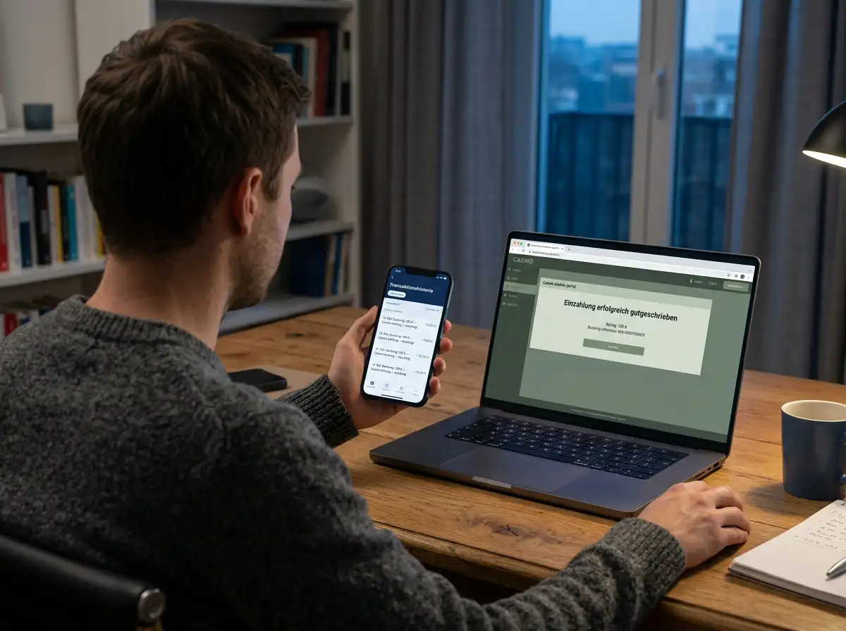 Spieler vergleicht Buchungsbestätigung in der Banking-App auf dem Smartphone mit der Anzeige im Casino-Cashier auf dem Laptop zur Verifikation der eps-Einzahlung