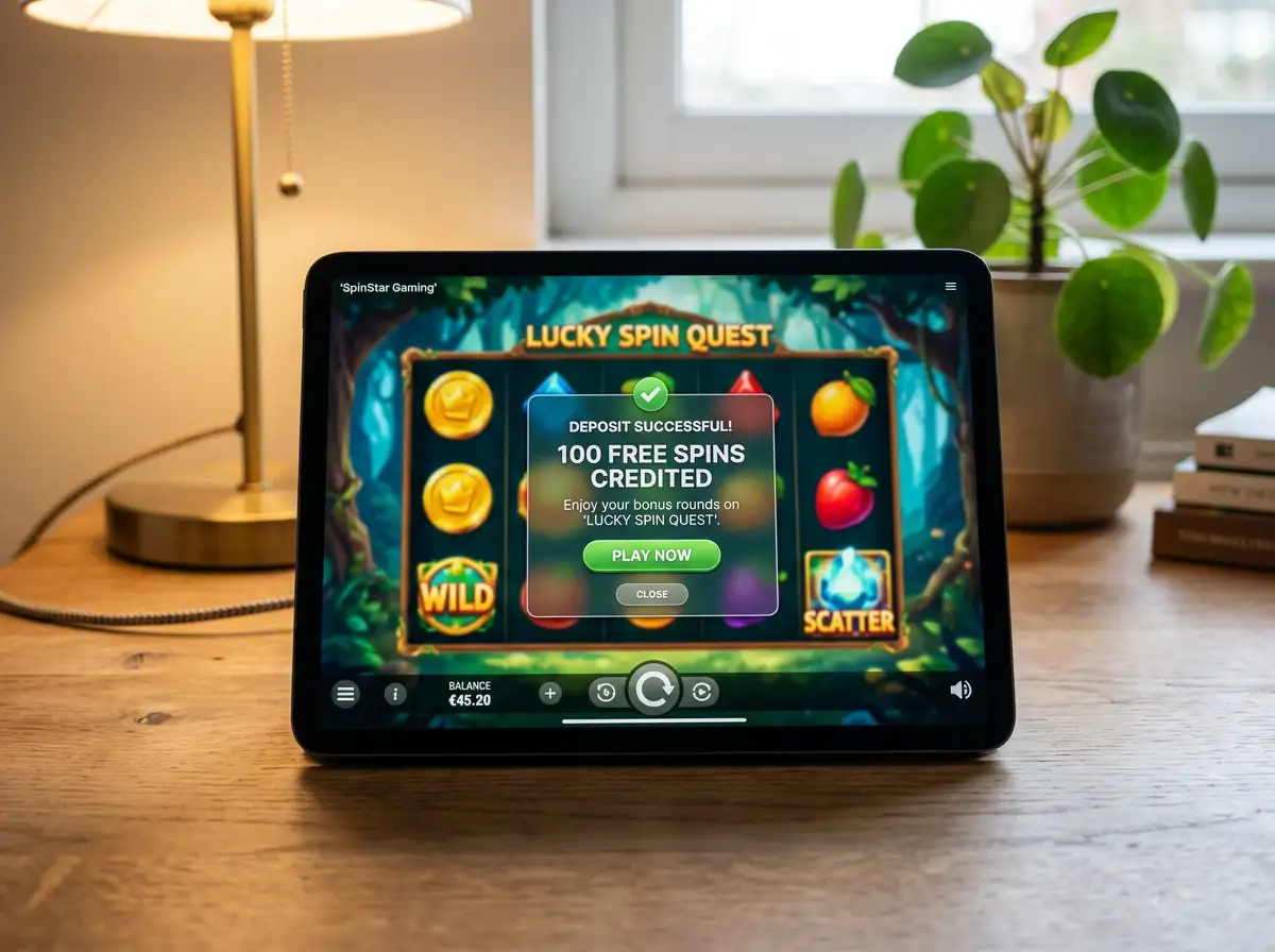 Casino-Slot-Bildschirm mit aktivem Pop-up zur Freispiel-Gutschrift nach einer erfolgreichen Einzahlung