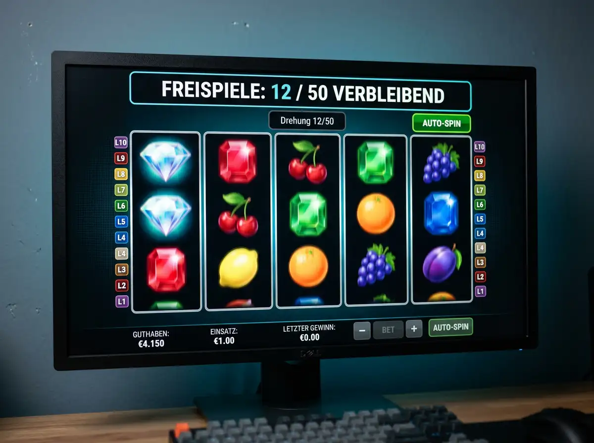 Slot-Spiel-Walzen mit hervorgehobenem Freispiele-Indikator und Spin-Zähler als Visualisierung der Spin-basierten Bonus-Mechanik im Online-Casino
