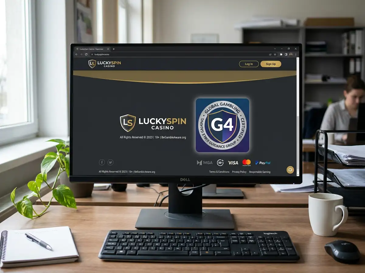 Casino-Webseite mit gut sichtbarer G4-Zertifizierungsplakette im Footer-Bereich neben dem Anbieter-Logo