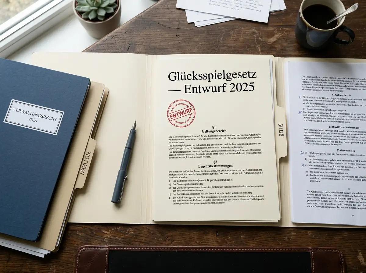 Aufgeschlagener Gesetzentwurf-Aktenordner mit amtlichem Stempel und Aktenheftern auf einem Schreibtisch als Visualisierung des Glücksspielgesetz-Entwurfs vom Dezember 2025