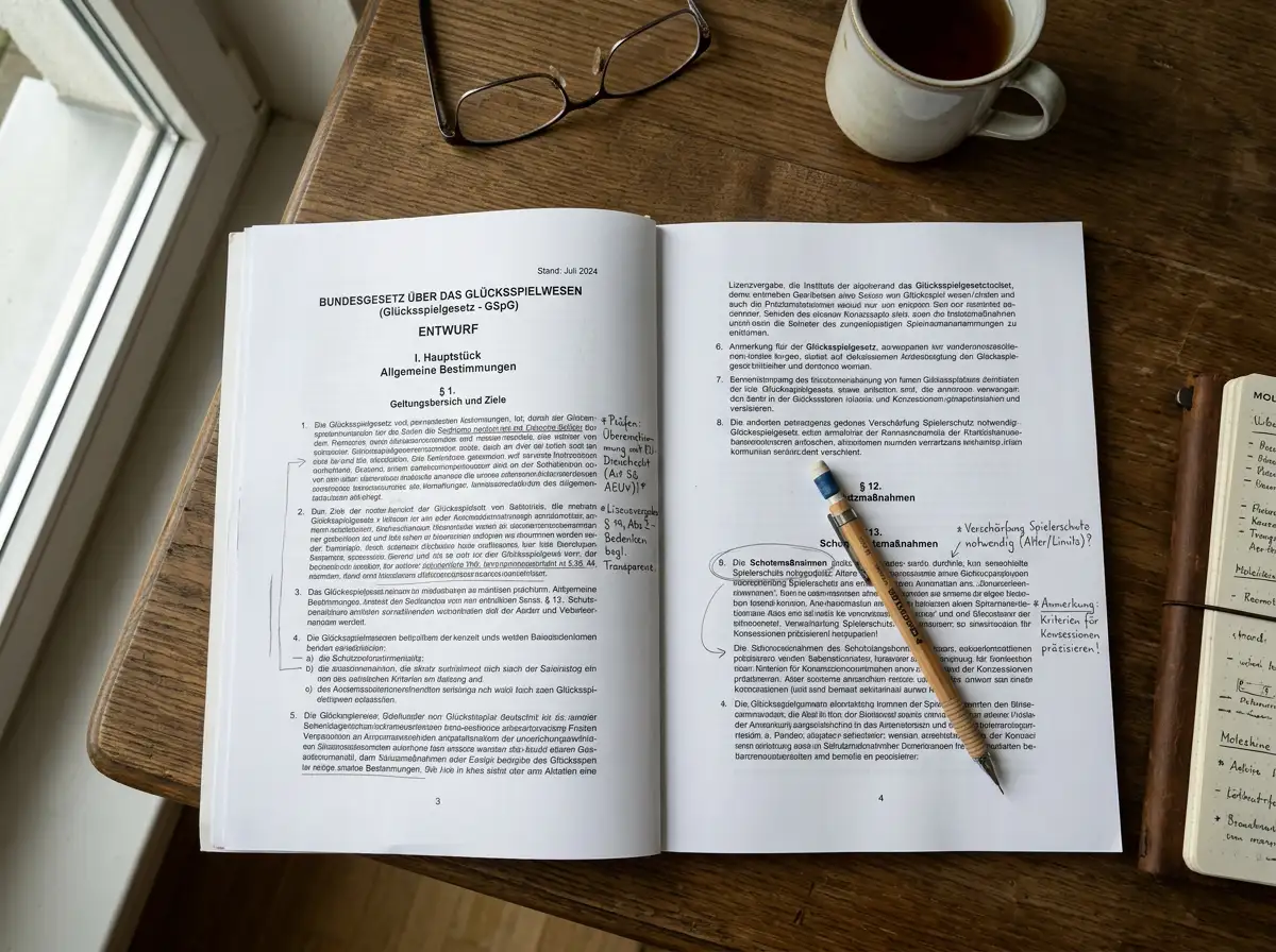 Aufgeschlagene Gesetzesentwurf-Seiten auf einem Schreibtisch mit handschriftlichen Notizen am Rand